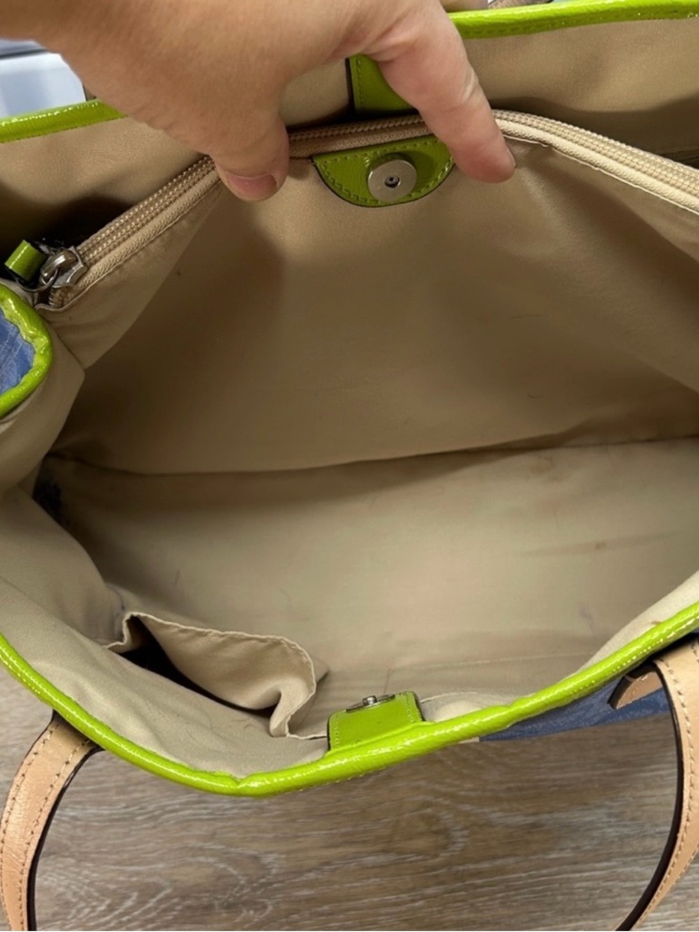 Coach Blue Signature Tote with Lime Center Stripe and Beige Trim - Picture 4 of 14